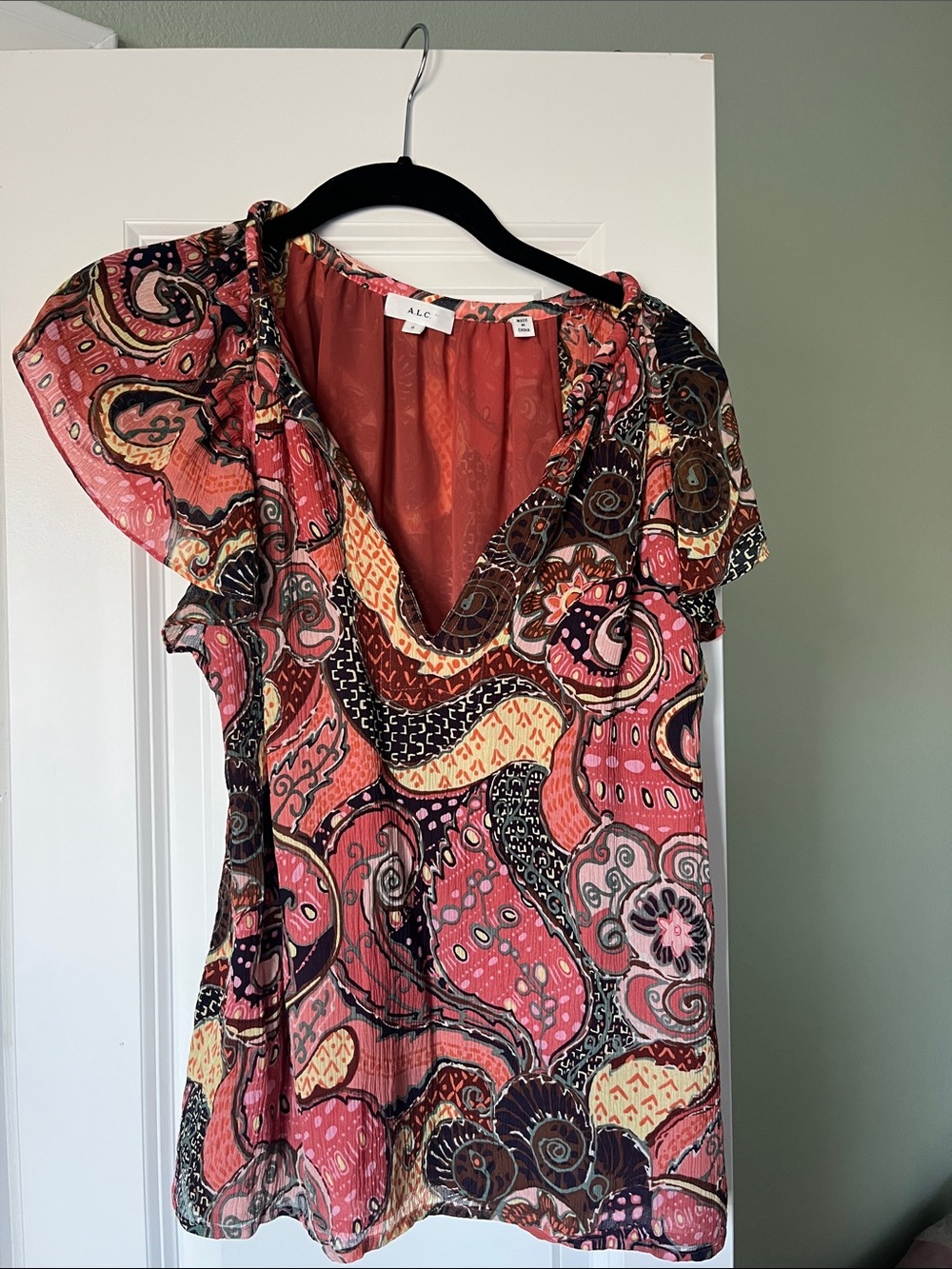 A.L.C. Pink Orange Paisley Short-Sleeve Blouse